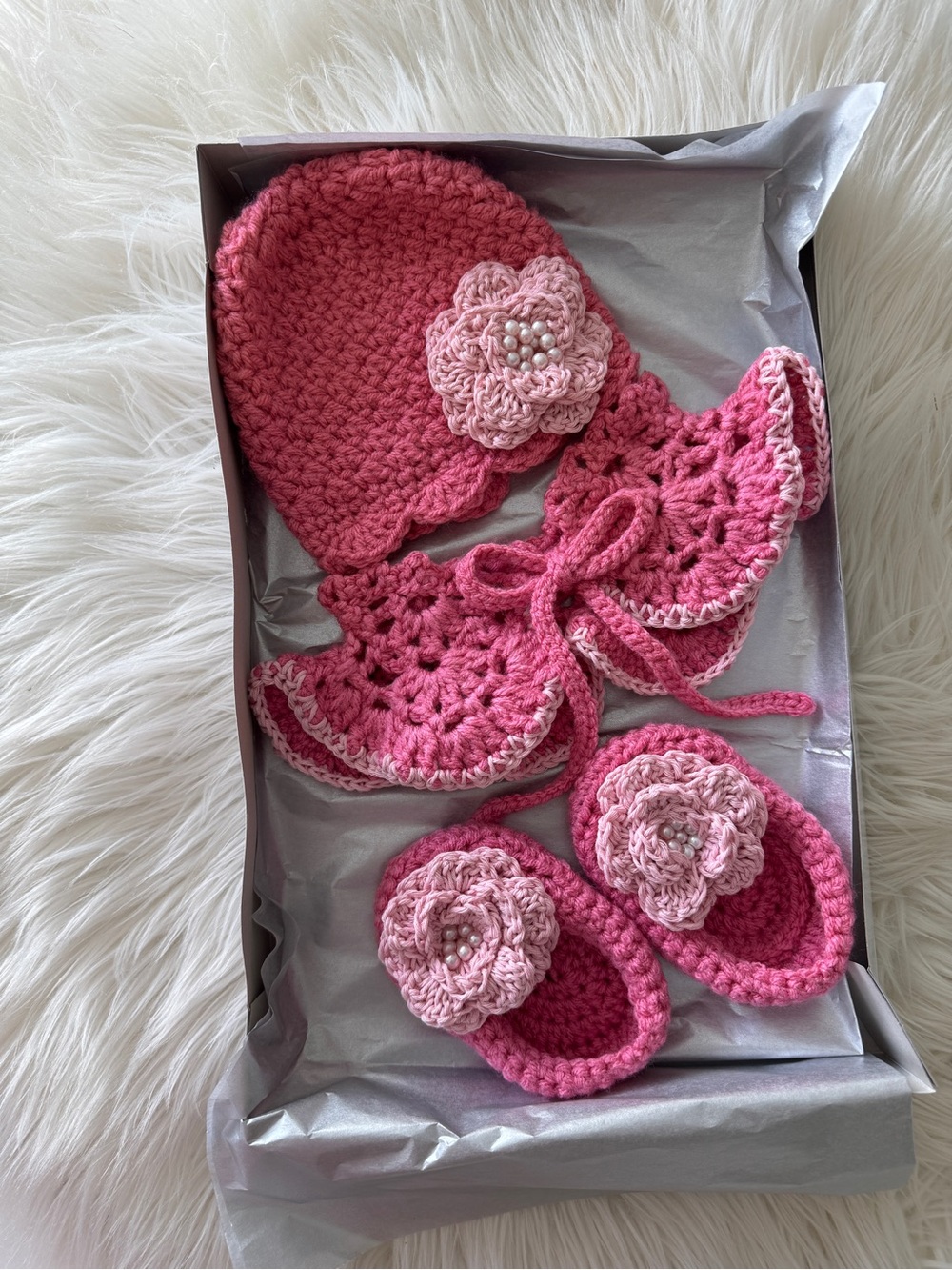 Pink Crochet Baby Hat with Matching Booties and Collar - Handmade